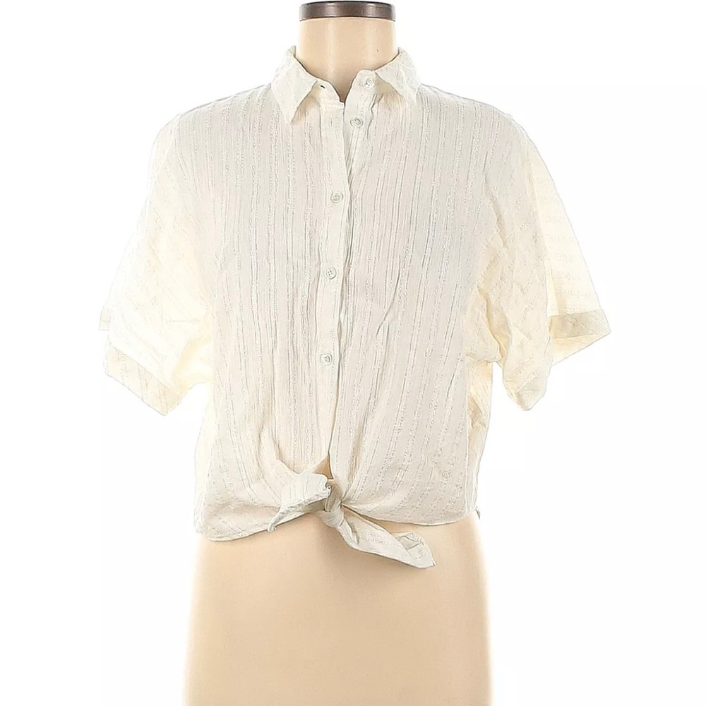FRNCH Women Ivory Short Sleeve Blouse Linen Blend Medium